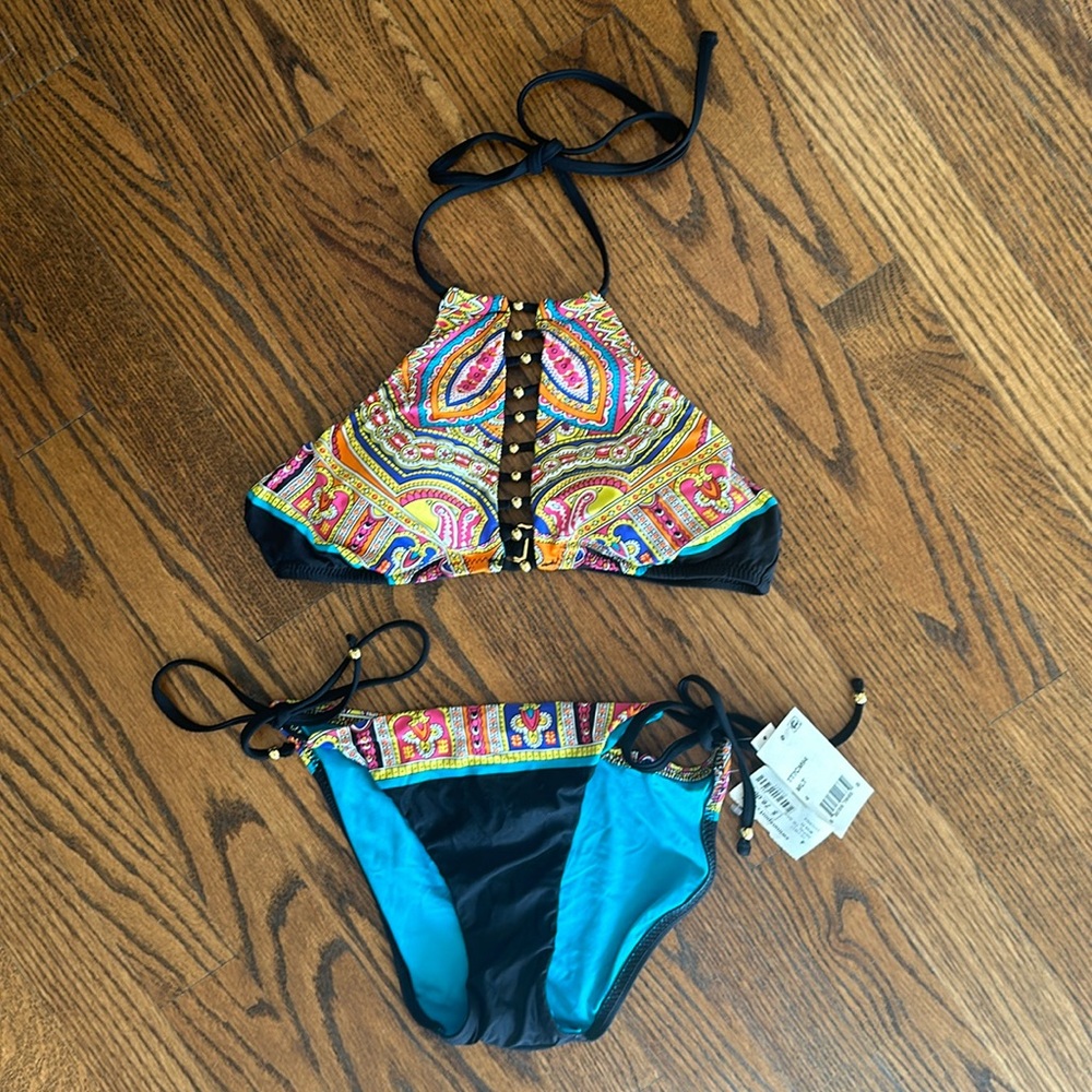 Trina Turk Nepal Multi Color Print Halter Top & Tie Side Bottoms Bikini 4 NWT